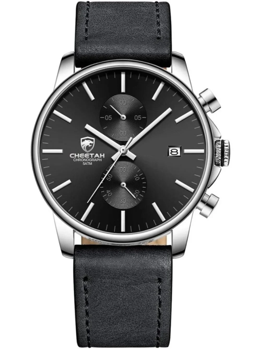 Men's Silver Gray Leather Strap Fashion Minimalist Analog Chronograph Watch